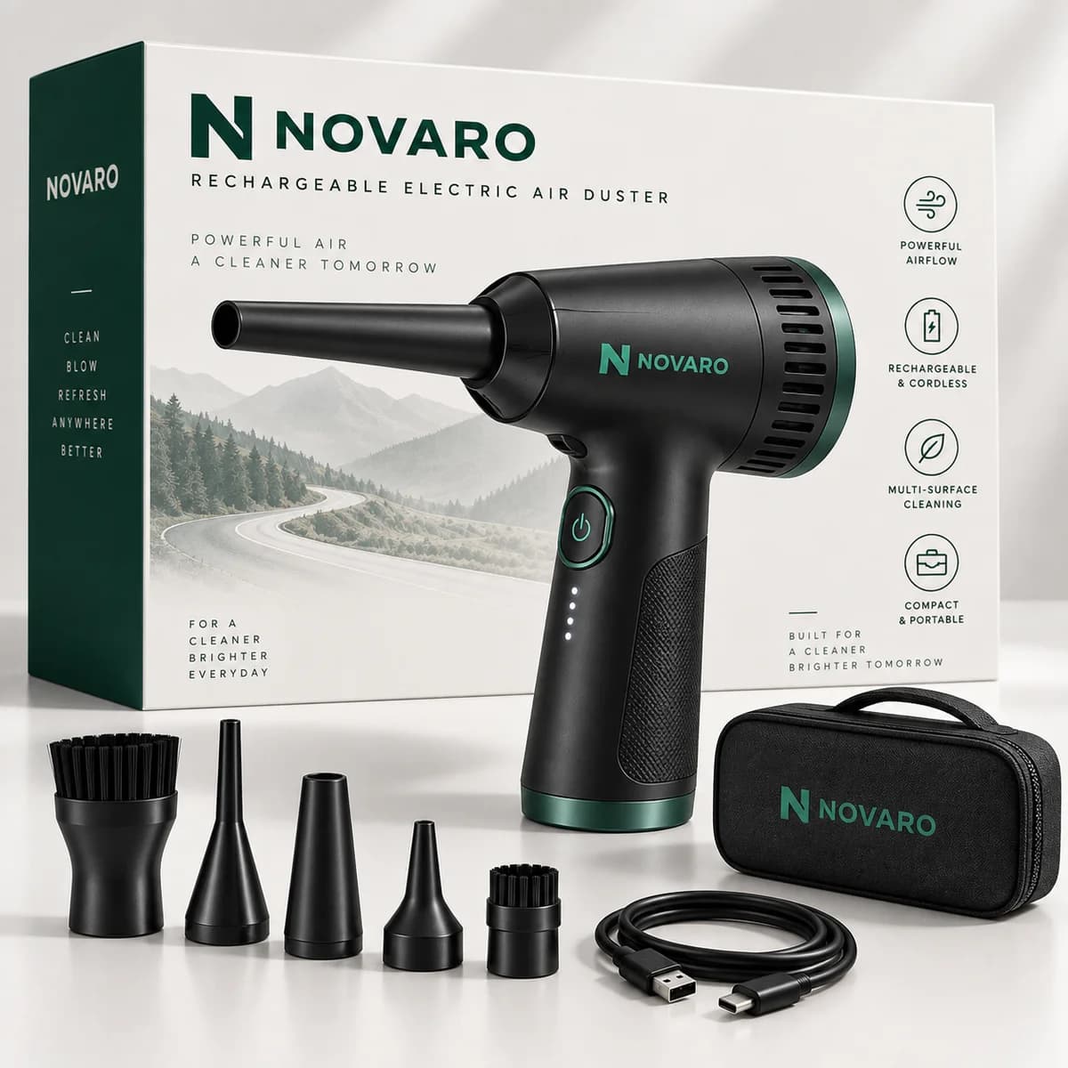 NOVARO Rechargeable Electric Air Duster with textured grip, nozzle set, carry case and charging cable