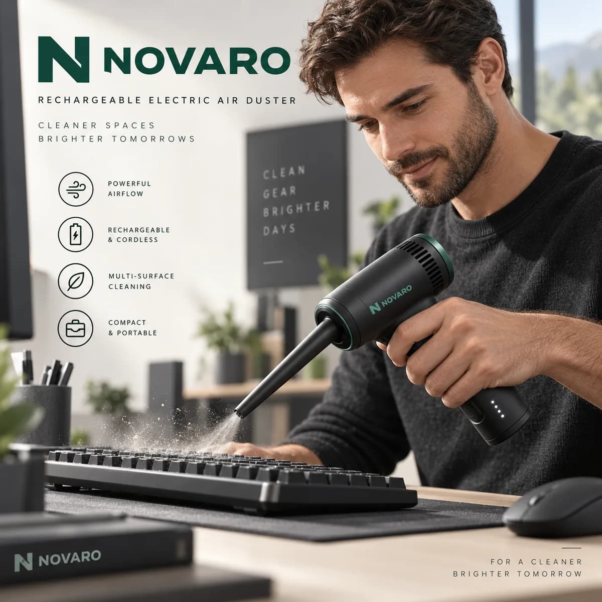 Man cleaning a mechanical keyboard at his desk with the NOVARO Rechargeable Electric Air Duster