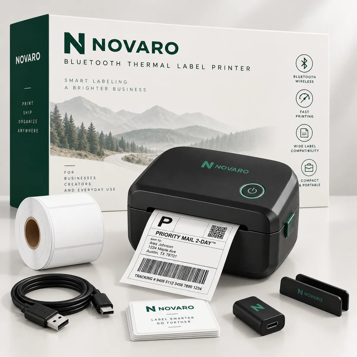NOVARO Bluetooth Thermal Label Printer with 4x6 shipping label, label roll, cable and phone stand