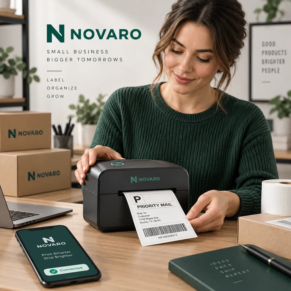 Woman pulling a freshly printed shipping label from the NOVARO Bluetooth Thermal Label Printer in a home office