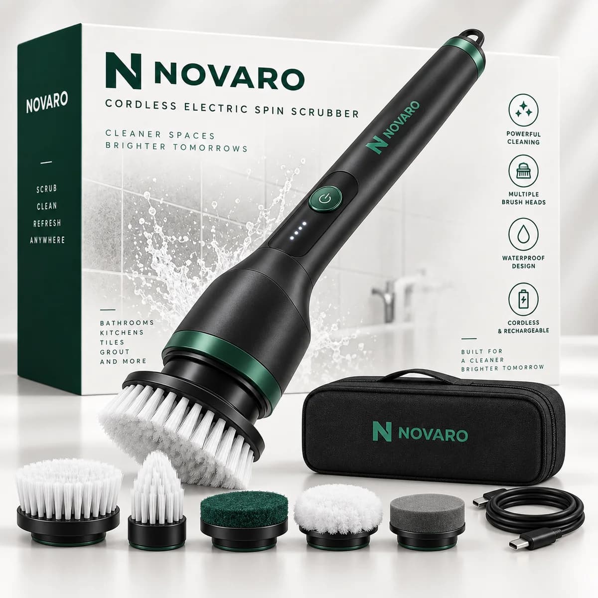 NOVARO Cordless Electric Spin Scrubber with retail box, five interchangeable brush heads, zip case and USB-C cable