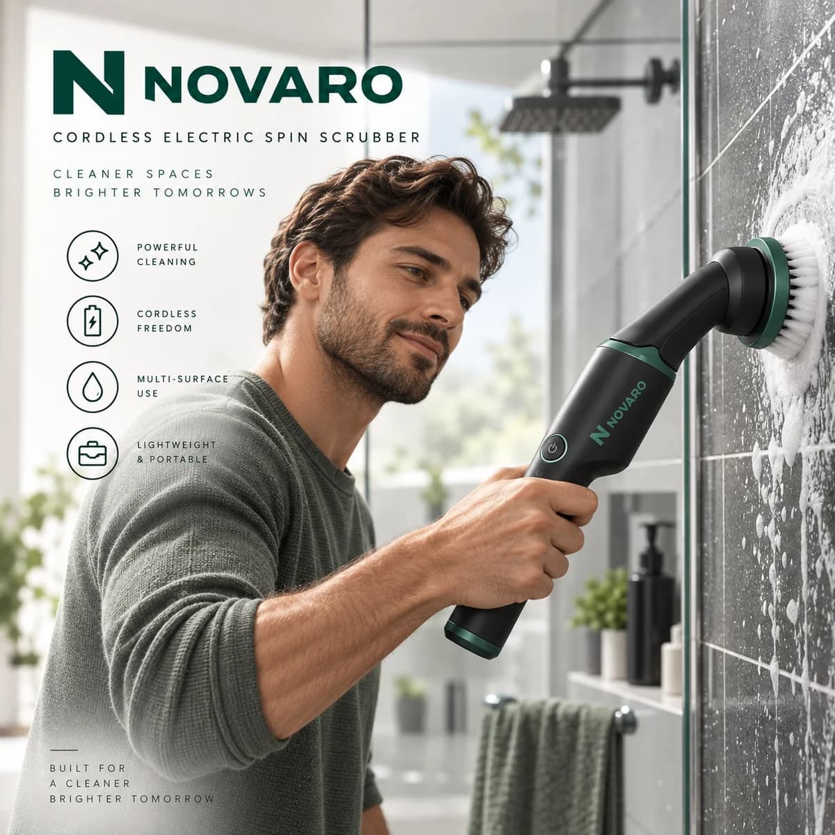 Man cleaning shower tiles with the NOVARO Cordless Electric Spin Scrubber