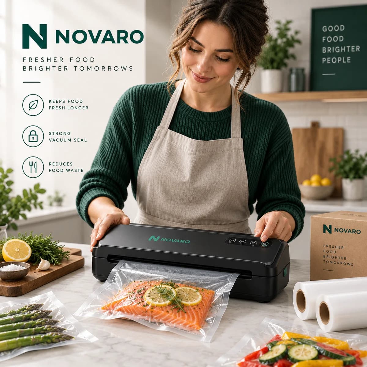 Woman vacuum sealing salmon in her kitchen with the NOVARO Automatic Vacuum Sealer