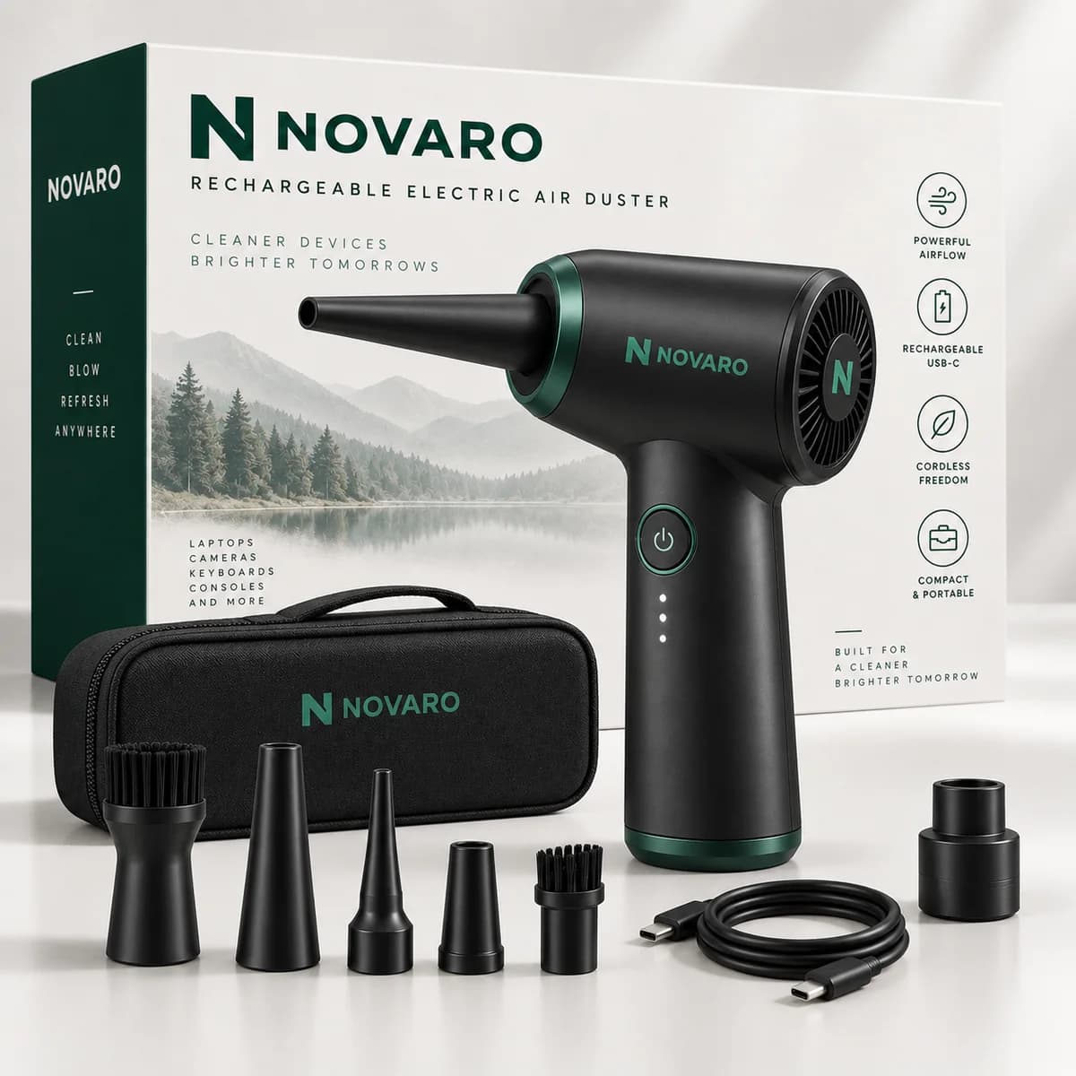 NOVARO Rechargeable Electric Air Duster with retail box, five nozzle and brush attachments, carry case and USB-C cable