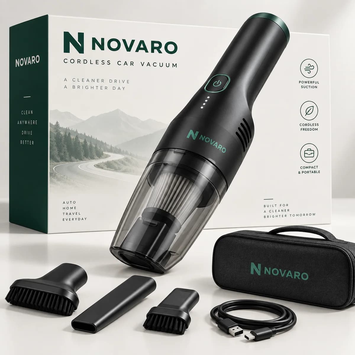 NOVARO Cordless Car Vacuum with retail box, carry case and attachments