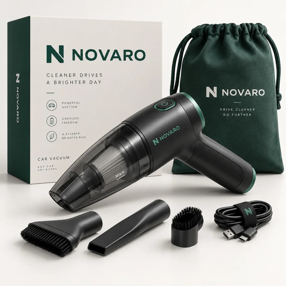 NOVARO Cordless Car Vacuum kit: brush nozzle, crevice tool, round brush, USB-C cable and storage bag