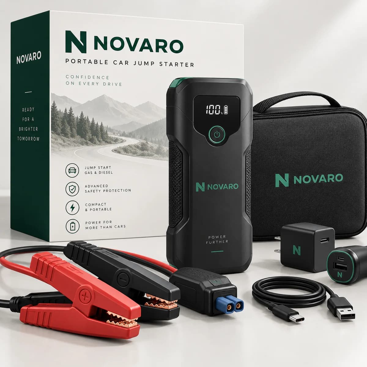 NOVARO Portable Car Jump Starter with retail box, carry case, jumper clamps, wall charger, car adapter and USB-C cable