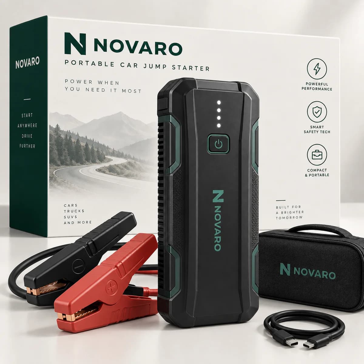 NOVARO Portable Car Jump Starter unit with LED battery indicators, heavy-duty jumper clamps and carry case