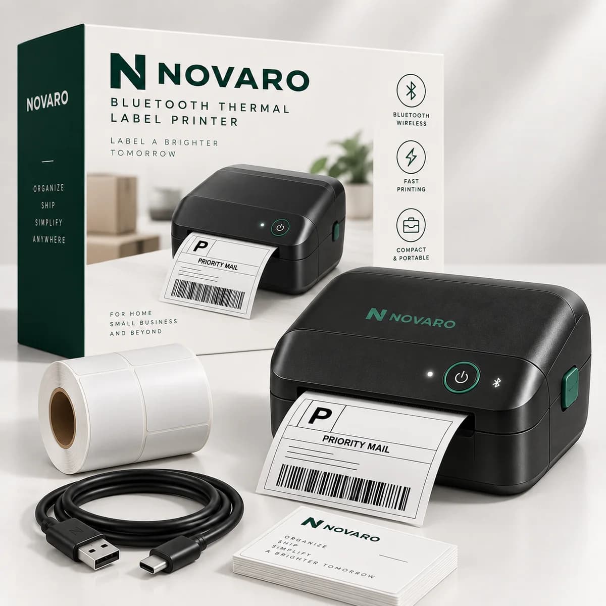 NOVARO Bluetooth Thermal Label Printer printing a shipping label, with retail box, label roll and USB-C cable