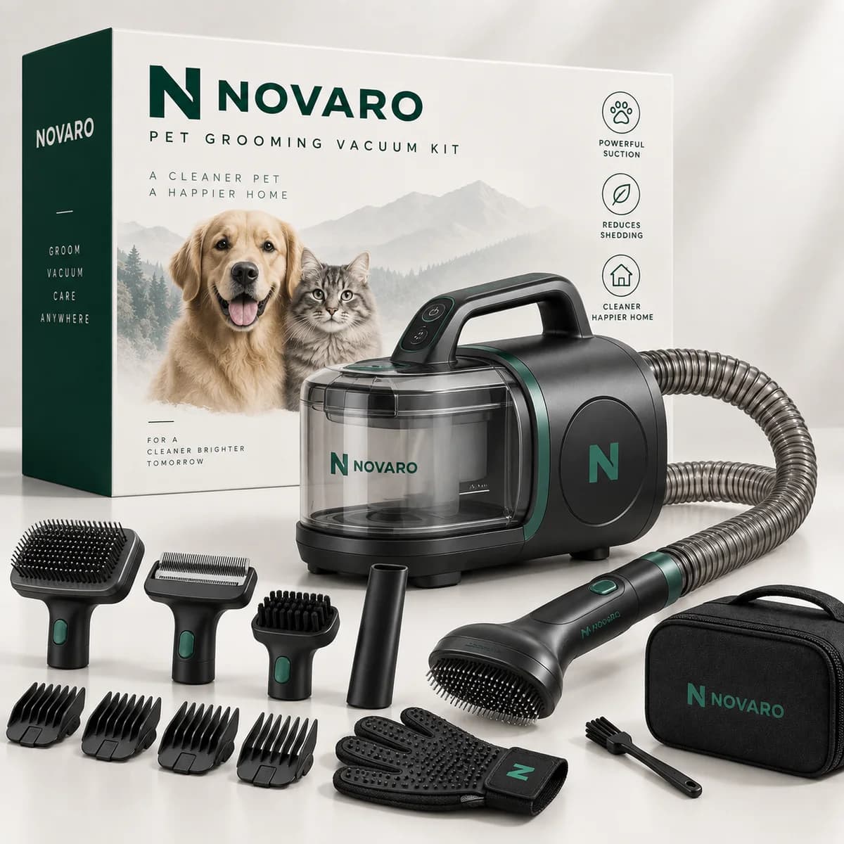 NOVARO Pet Grooming Vacuum Kit with retail box, hose, de-shedding brushes, comb guards, grooming glove and carry case
