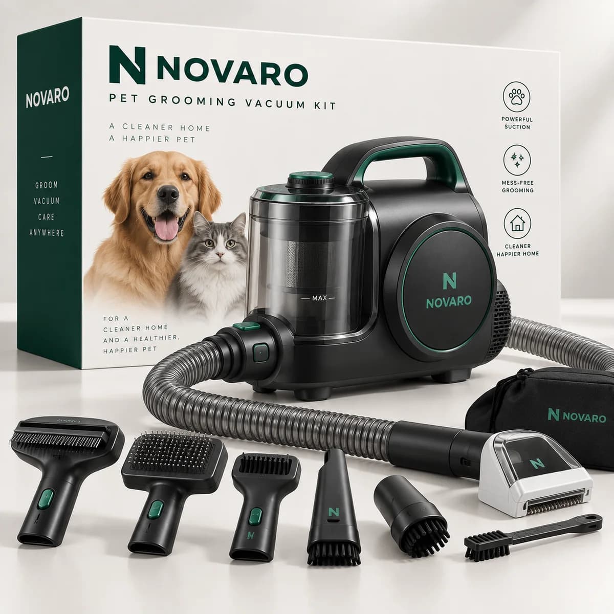 NOVARO Pet Grooming Vacuum Kit with transparent dust canister, hose and seven grooming attachments