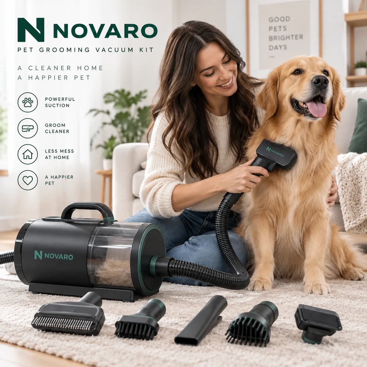 Woman grooming a golden retriever at home with the NOVARO Pet Grooming Vacuum Kit
