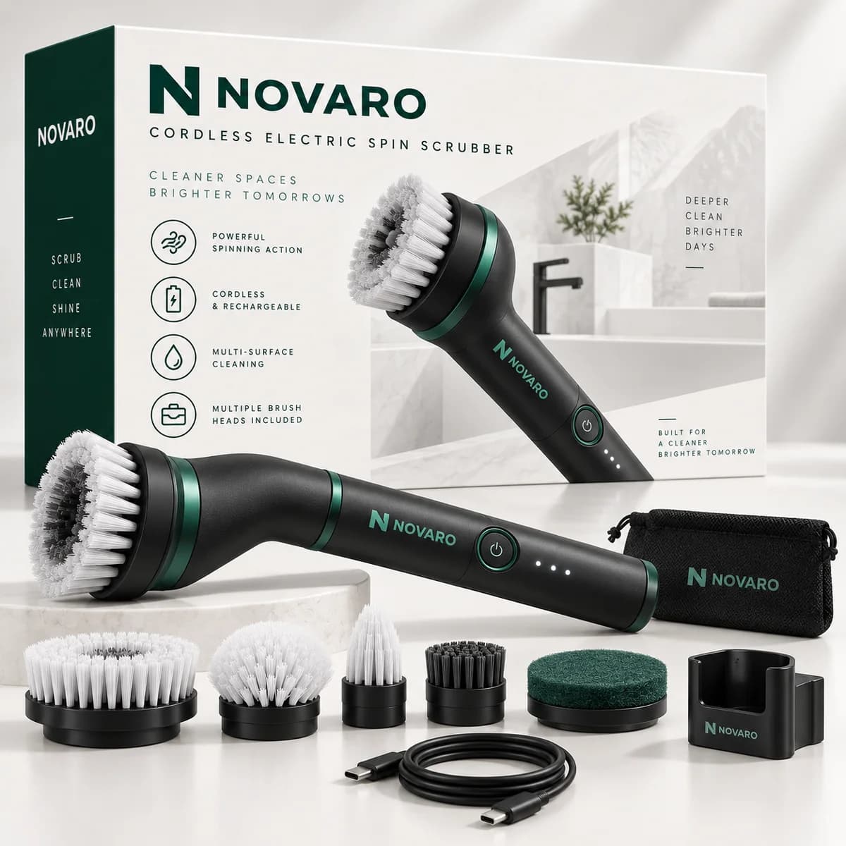 NOVARO Cordless Electric Spin Scrubber with retail box, five brush heads, scouring pad, storage pouch, wall mount and USB-C cable