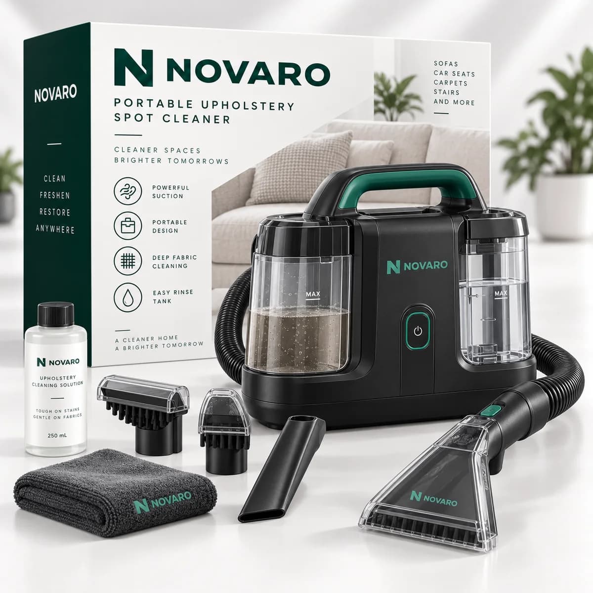 NOVARO Portable Upholstery Spot Cleaner with retail box, cleaning solution, three tools, microfiber cloth and hose
