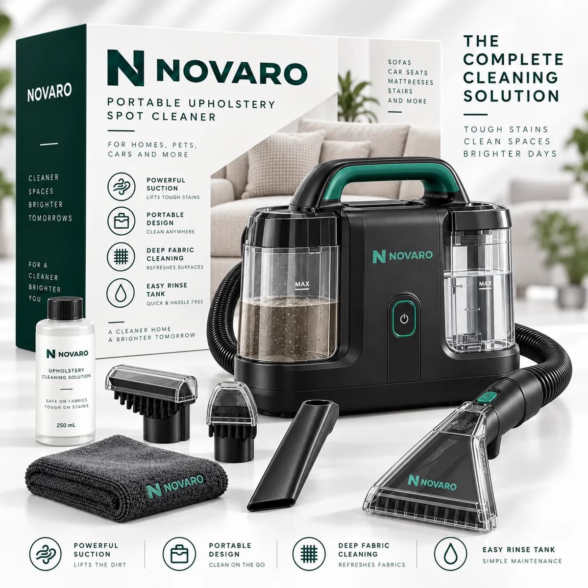 NOVARO Portable Upholstery Spot Cleaner complete kit with clean and dirty water tanks, tool set and cleaning solution
