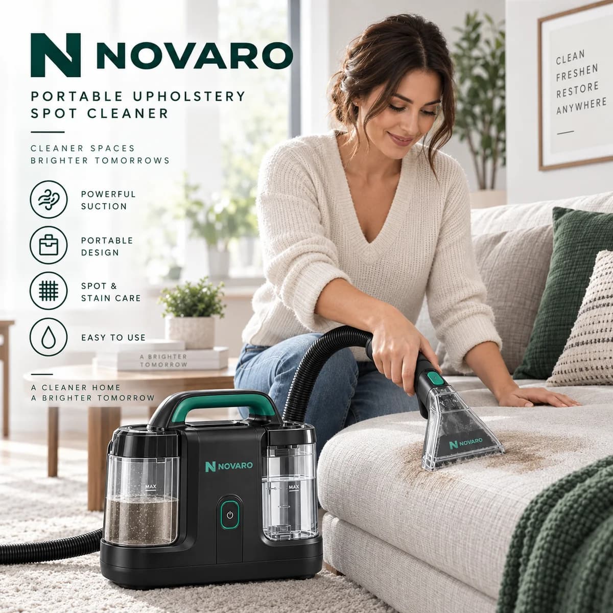 Woman removing a stain from a sofa cushion with the NOVARO Portable Upholstery Spot Cleaner