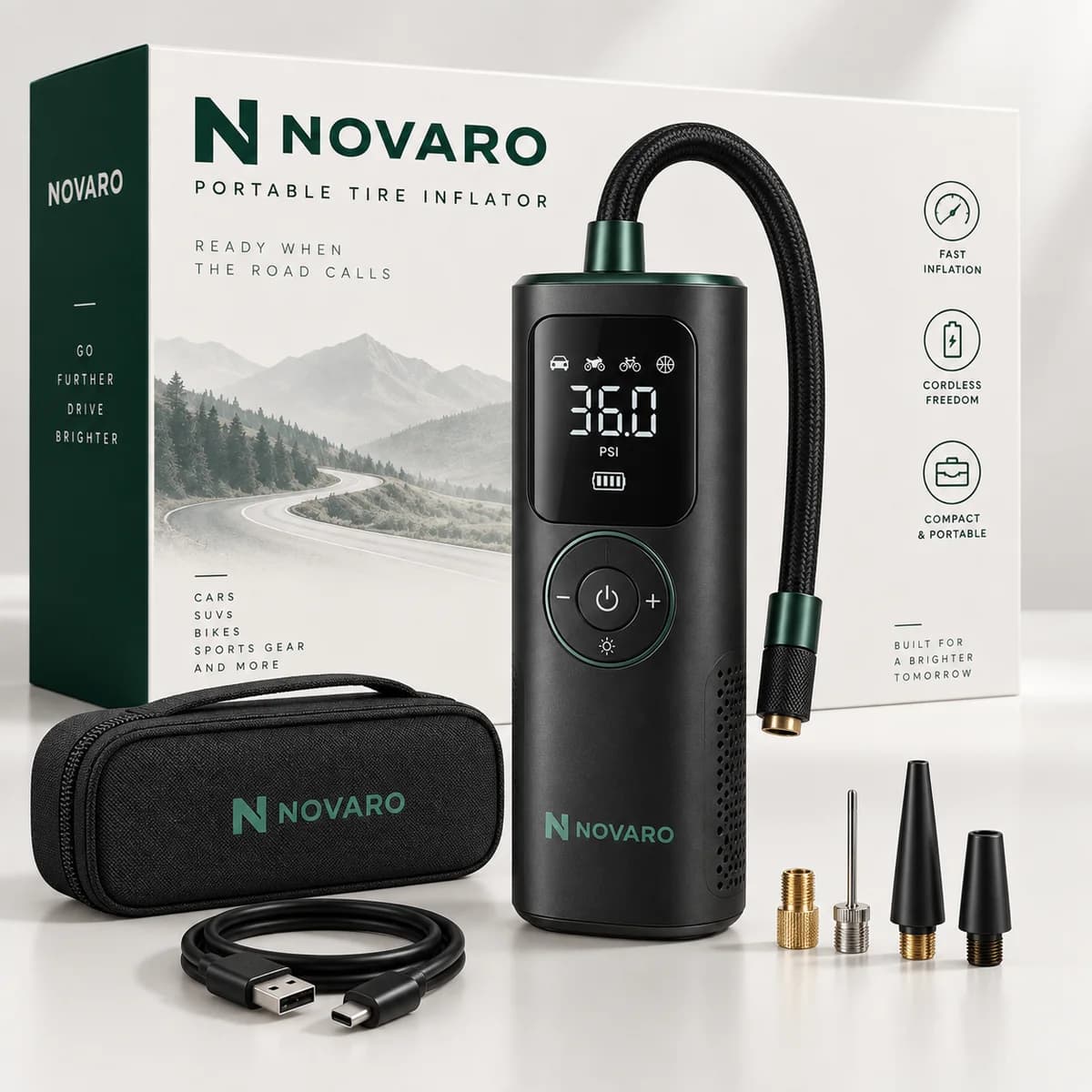 NOVARO Portable Tire Inflator with digital PSI display, retail box, carry case and nozzle adapters