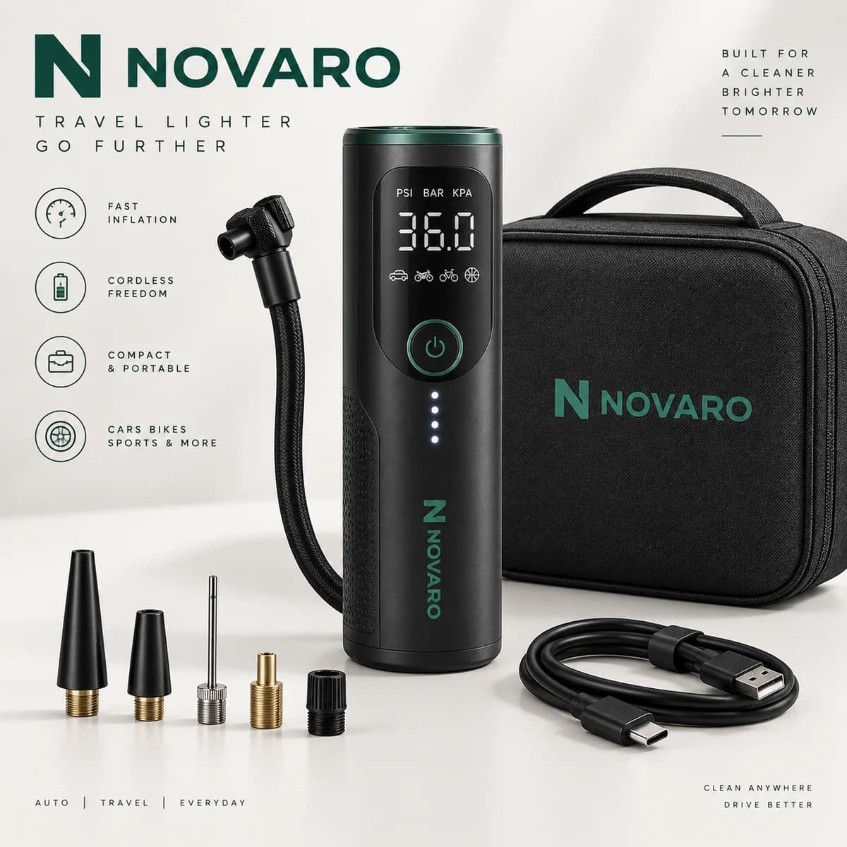 NOVARO Portable Tire Inflator kit: hose, nozzle adapters, USB-C cable and zip case