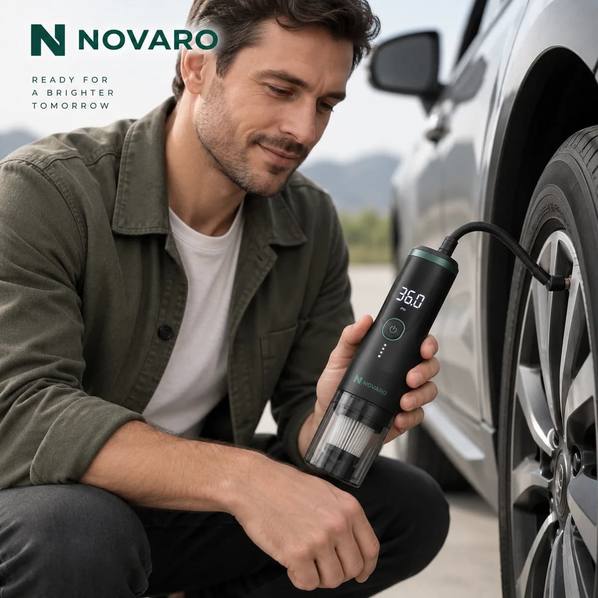 Man inflating a car tire with the NOVARO Portable Tire Inflator showing 36.0 PSI