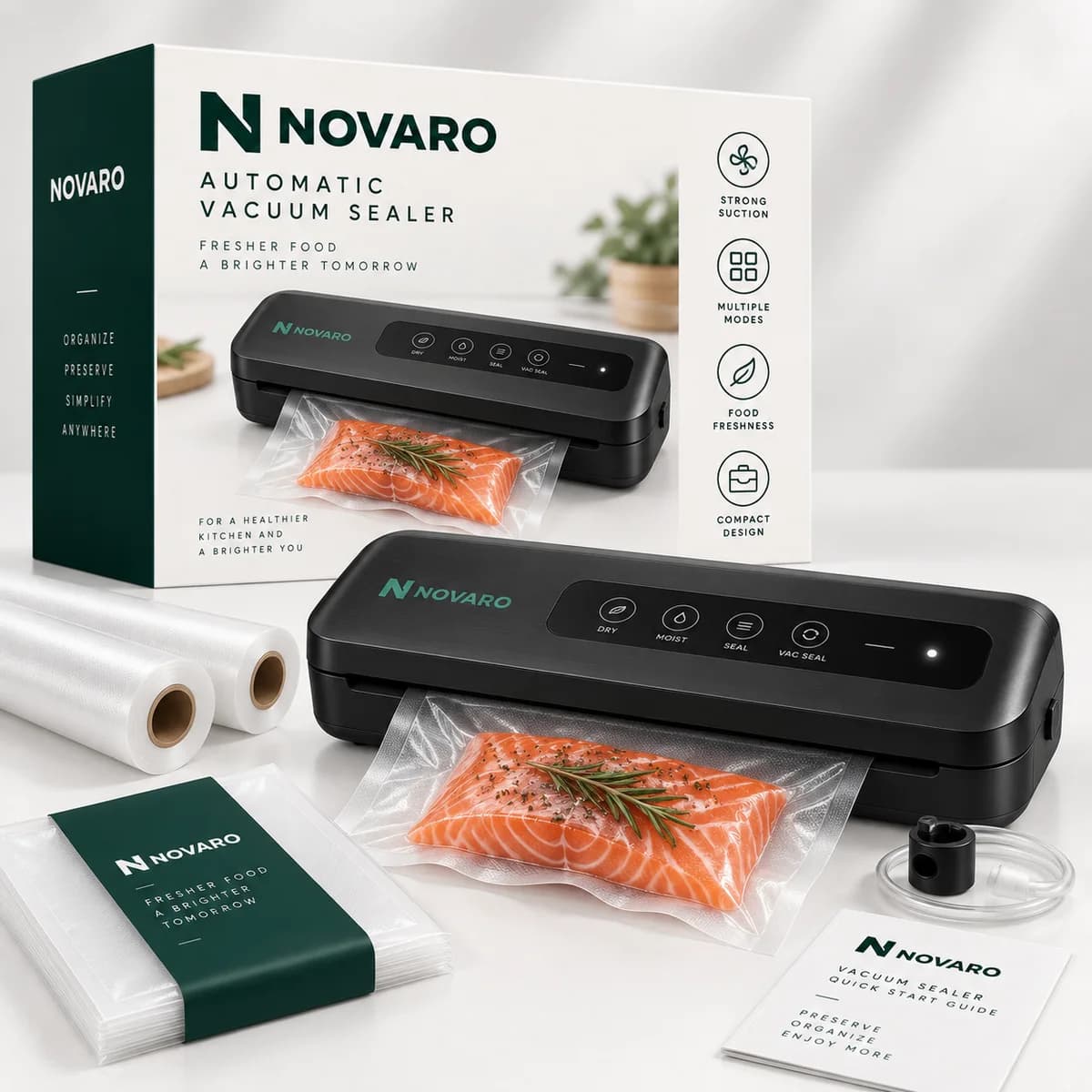 NOVARO Automatic Vacuum Sealer with retail box, two bag rolls, pre-cut bags and a vacuum-sealed salmon fillet