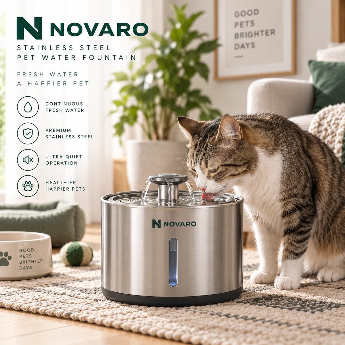 NOVARO Stainless Steel Pet Water Fountain with retail box, replacement filters, cleaning brush, power adapter and user guide