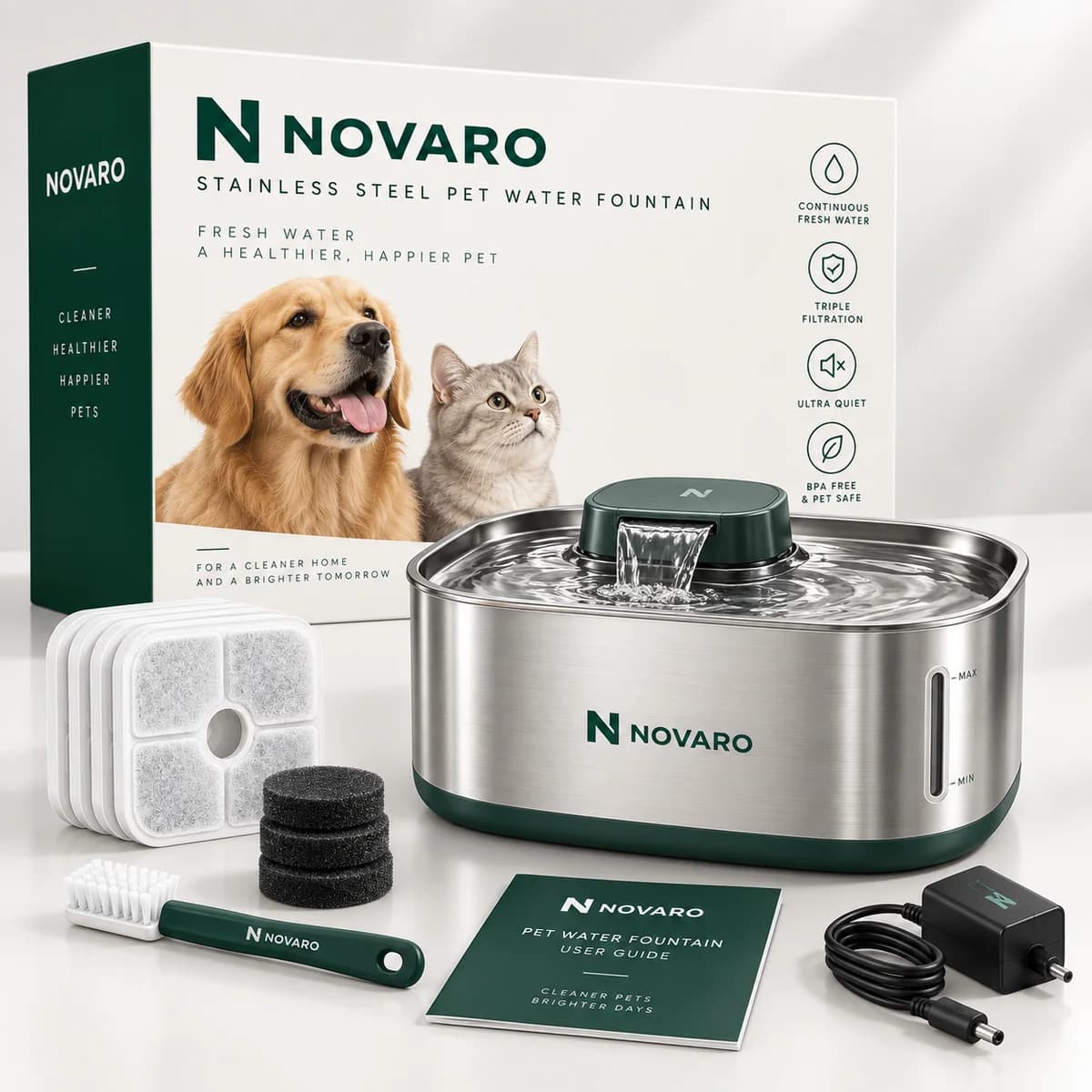NOVARO Stainless Steel Pet Water Fountain with waterfall spout, filter pack, cleaning brush and adapter
